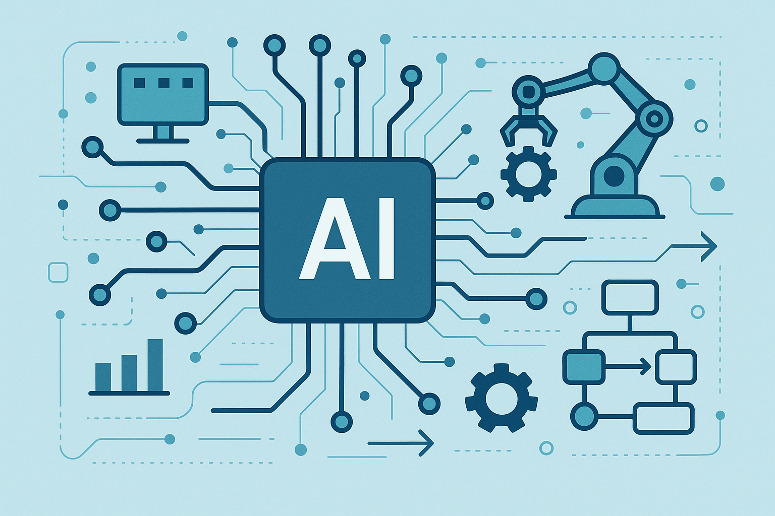 Professional illustration of AI automation featuring digital circuits, robotic arm, AI chip, and workflow automation symbols in modern blue tones