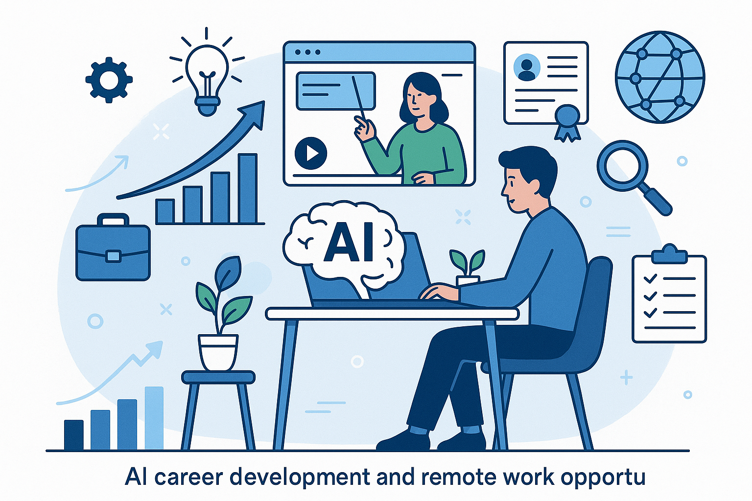 Professional workspace illustration showing person at desk with AI brain symbol, career growth charts, and professional development icons