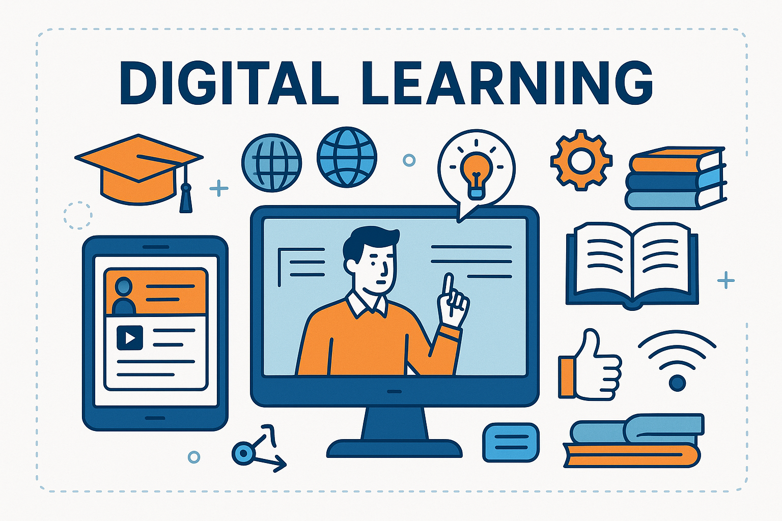 Digital learning platform illustration featuring online instructor, graduation cap, educational tools, and e-learning interface elements