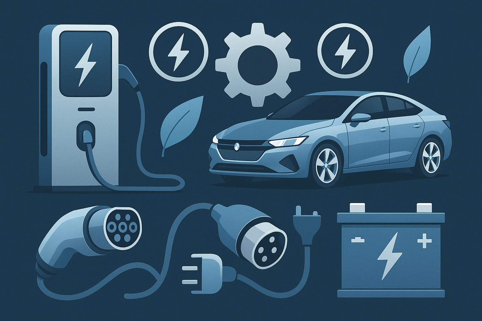Electric vehicle technology illustration featuring EV charging station, electric car, charging cables, and battery technology in professional blue tones
