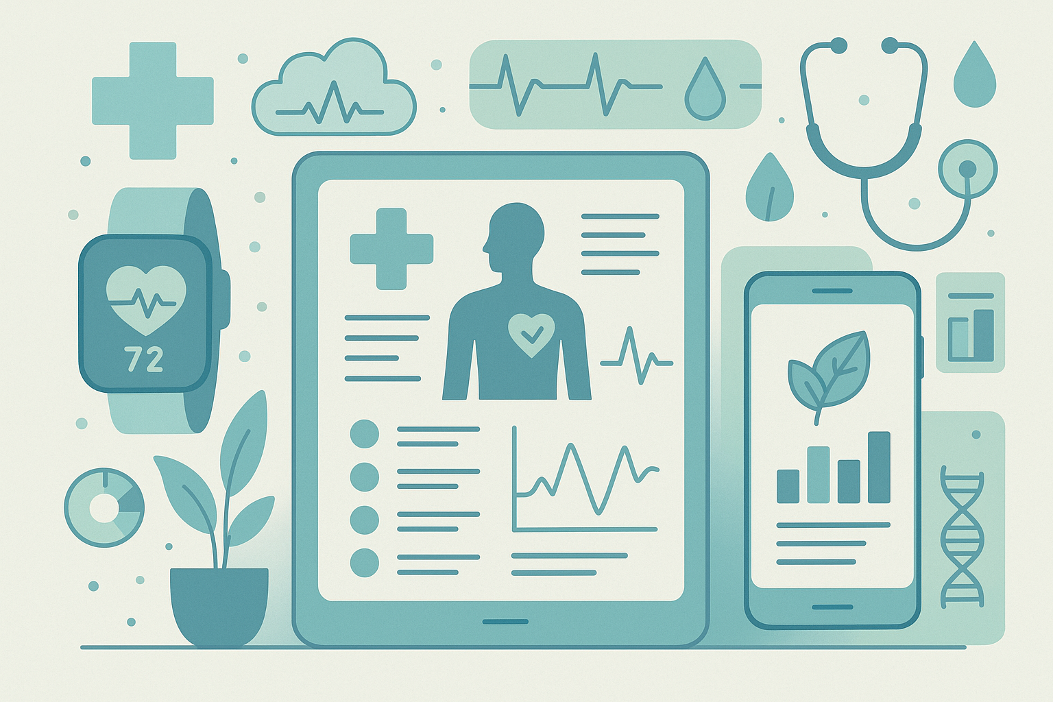 Digital health technology illustration featuring health monitoring devices, medical cross, wellness tracking interfaces, and health data visualization