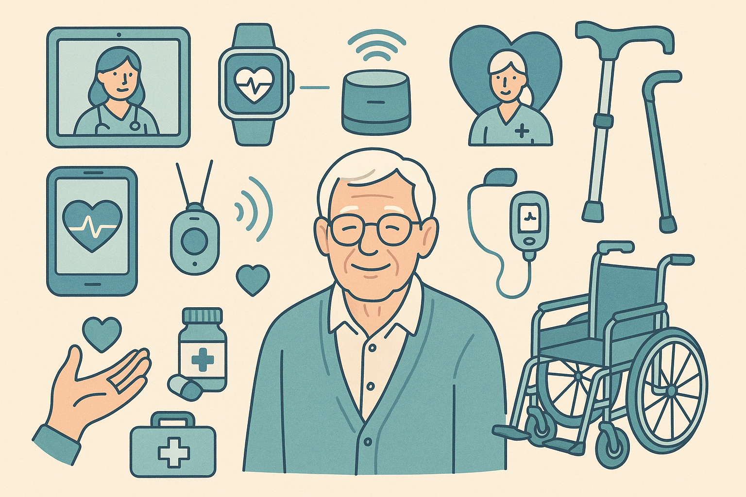 Senior care technology illustration showing elderly gentleman with assistive devices, health monitoring tools, and compassionate care support systems