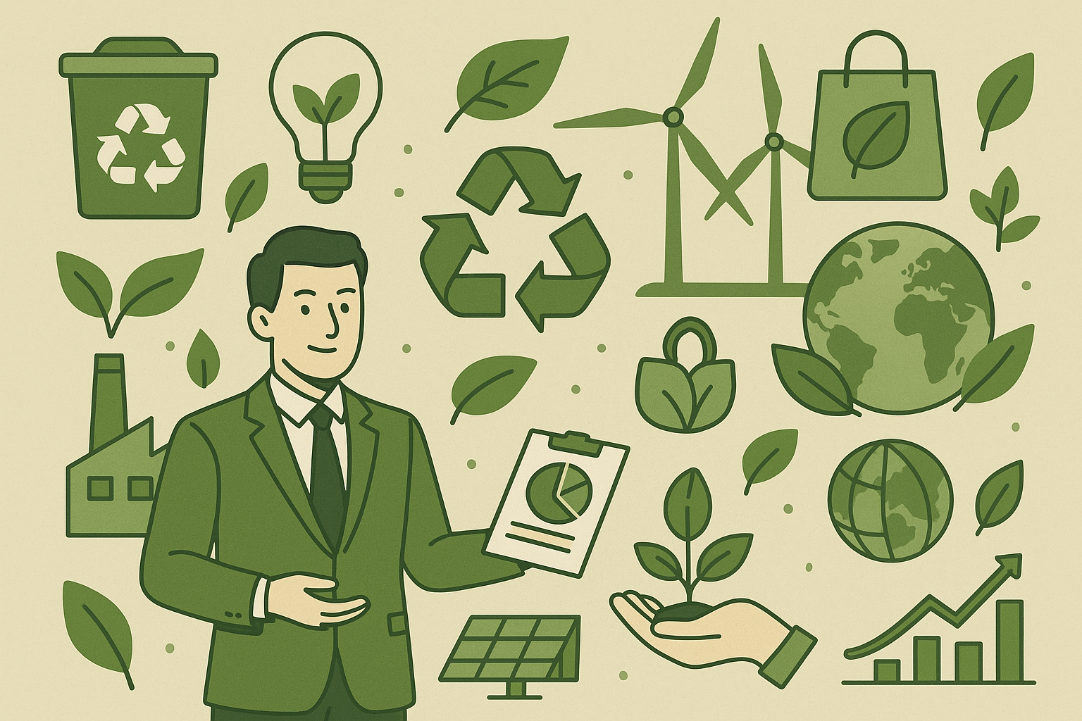 Eco-friendly business illustration with professional businessman, recycling symbols, wind turbines, solar panels, and green growth charts