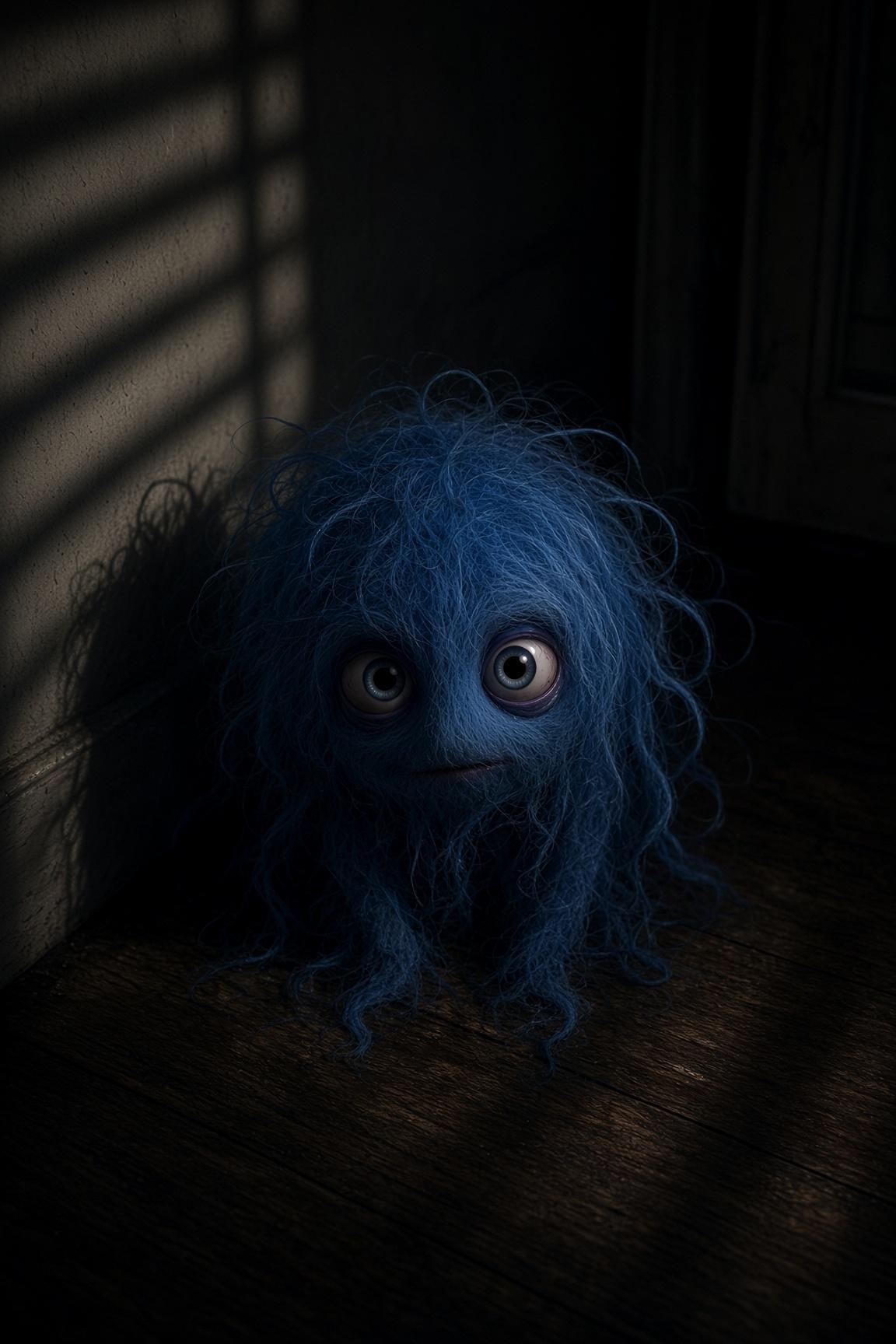A small blue-furred creature with wide, watchful eyes, sitting alone in a shadow-striped corner