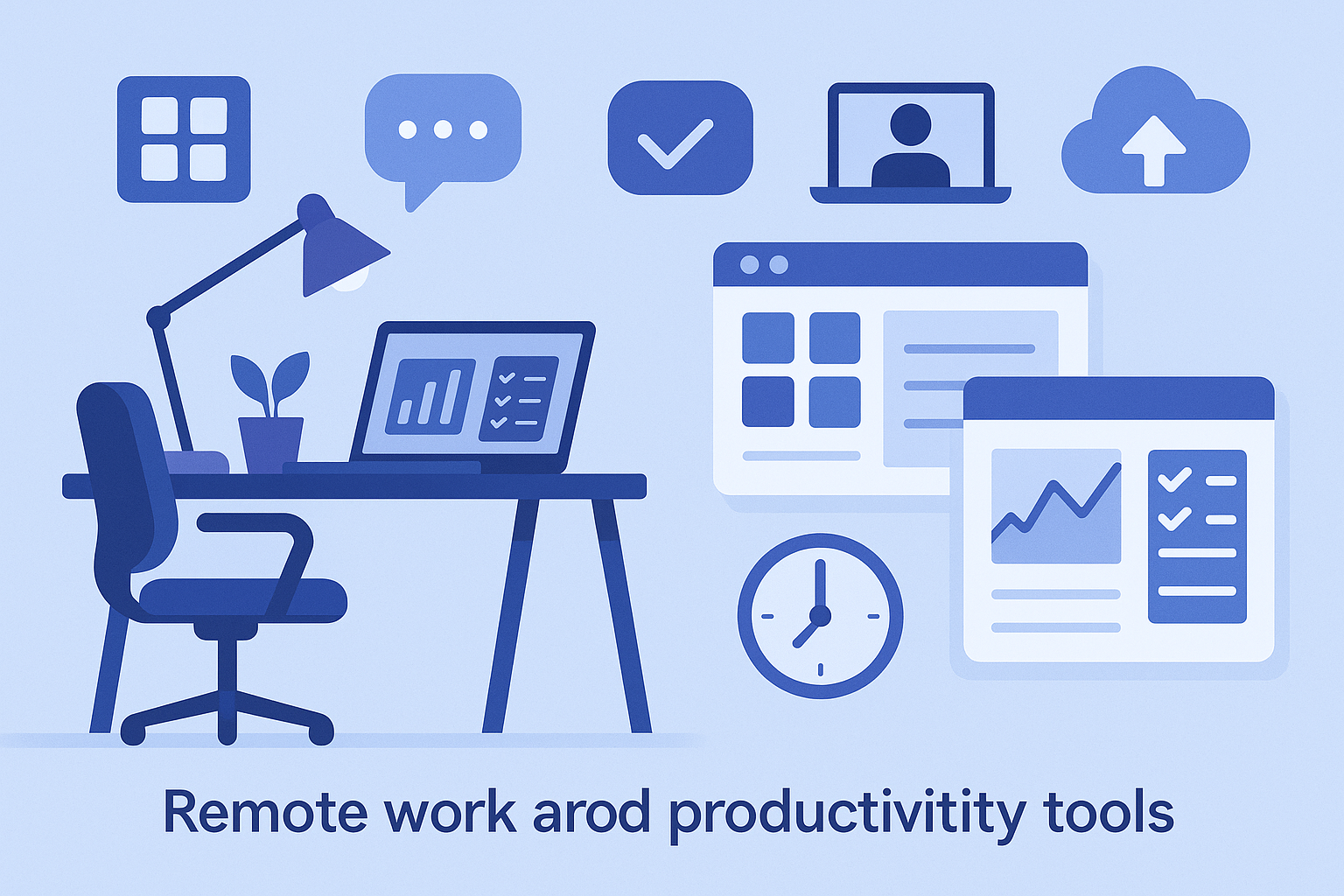 Modern home office illustration with productivity workspace, collaboration tools, time management, and remote work applications interface